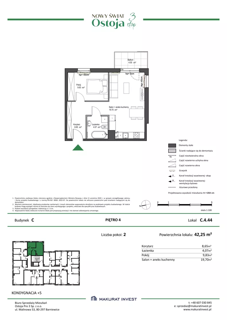 2 pokoje, mieszkanie 42,25 m², piętro 4, oferta nr C.4.44, Nowy Świat Ostoja III etap, Gdańsk, Osowa, Barniewice, ul. Malinowa