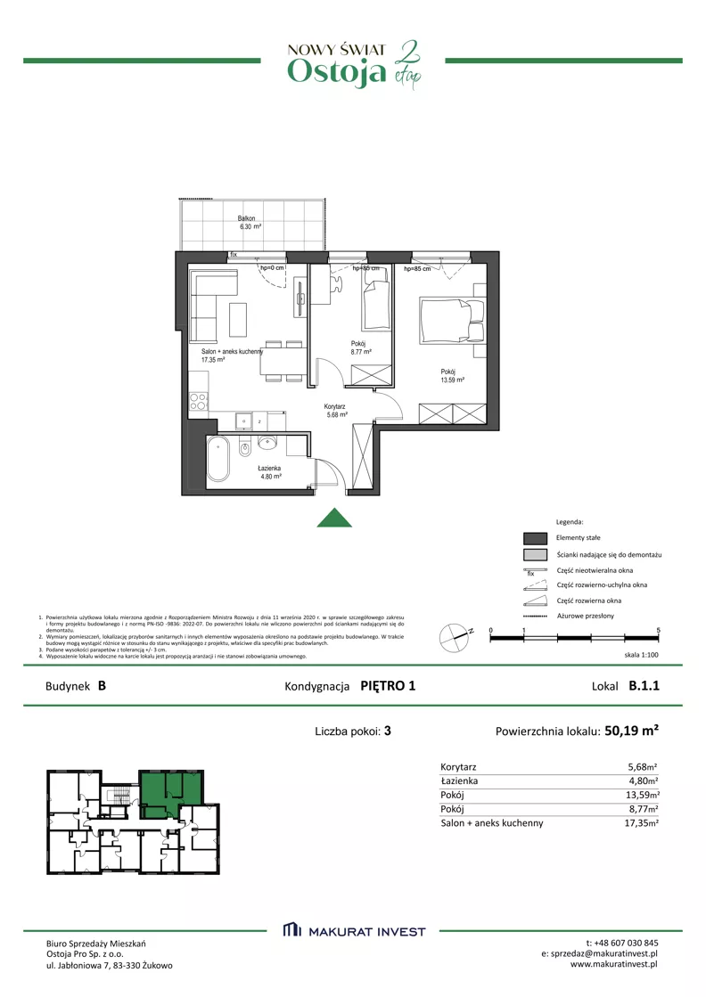 3 pokoje, mieszkanie 50,19 m², piętro 1, oferta nr B.1.1, Nowy Świat Ostoja II etap, Gdańsk, Barniewice, ul. Malinowa