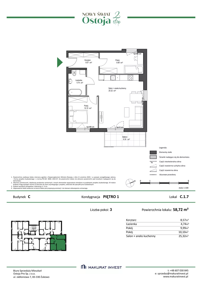 3 pokoje, mieszkanie 58,72 m², piętro 1, oferta nr C.1.7, Nowy Świat Ostoja II etap, Gdańsk, Barniewice, ul. Malinowa