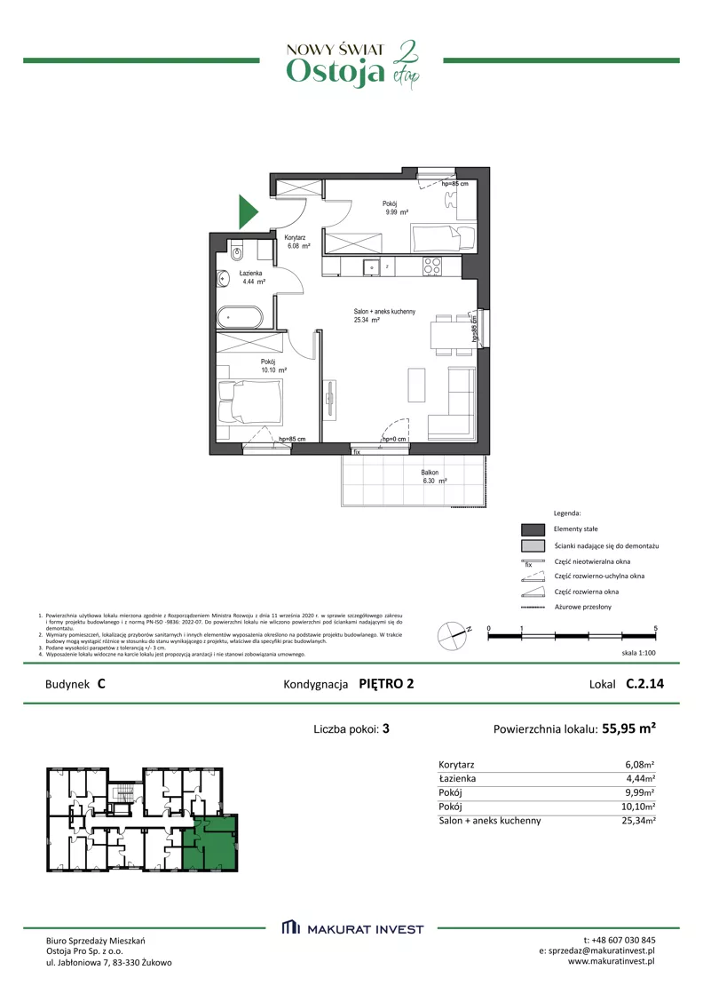 3 pokoje, mieszkanie 55,95 m², piętro 2, oferta nr C.2.14, Nowy Świat Ostoja II etap, Gdańsk, Barniewice, ul. Malinowa