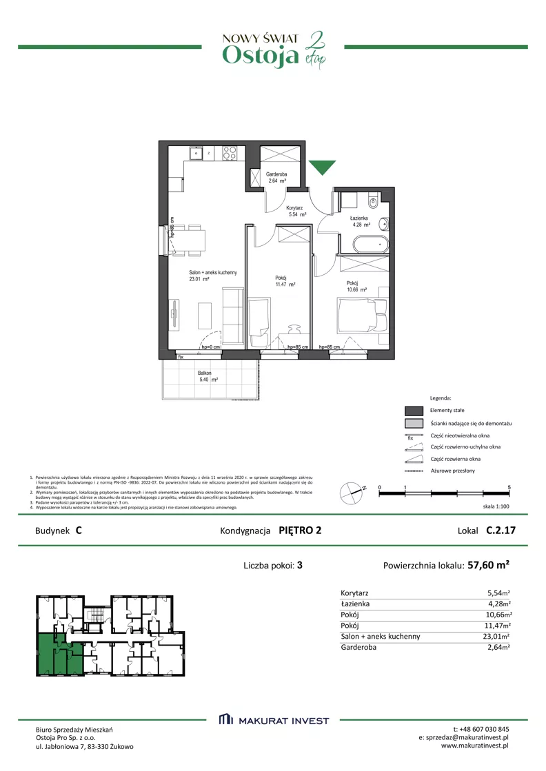 3 pokoje, mieszkanie 57,60 m², piętro 2, oferta nr C.2.17, Nowy Świat Ostoja II etap, Gdańsk, Barniewice, ul. Malinowa
