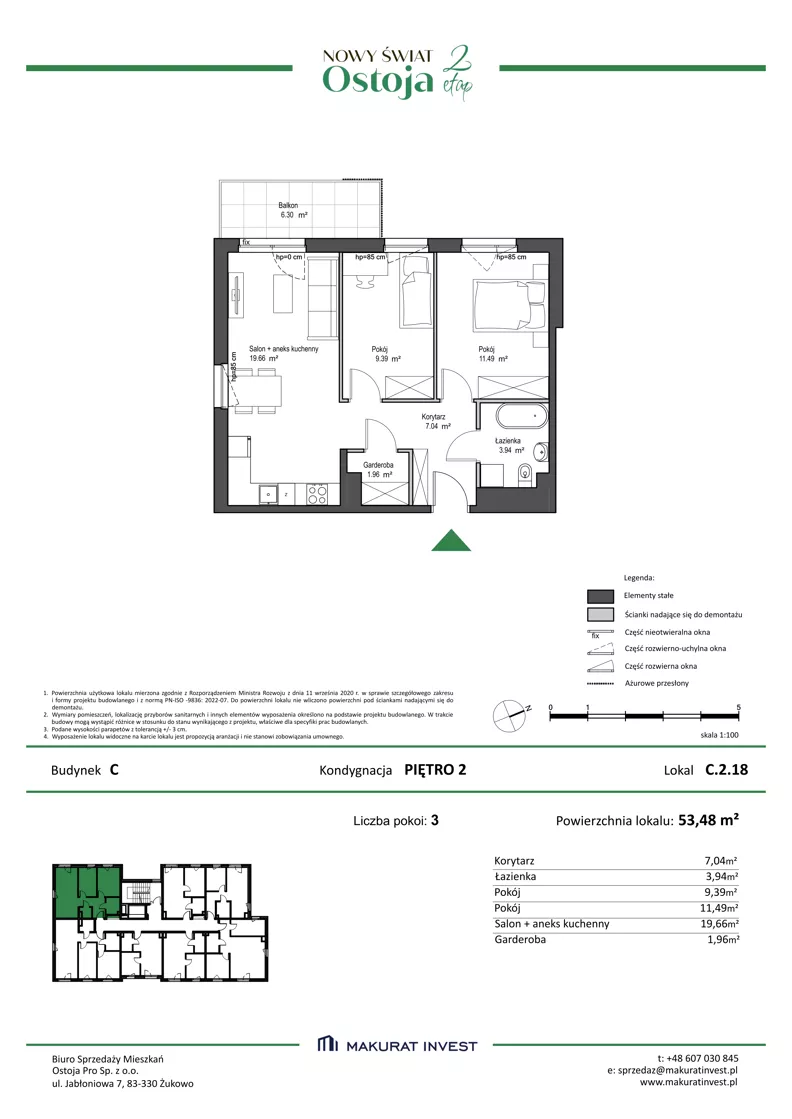 3 pokoje, mieszkanie 53,48 m², piętro 2, oferta nr C.2.18, Nowy Świat Ostoja II etap, Gdańsk, Barniewice, ul. Malinowa