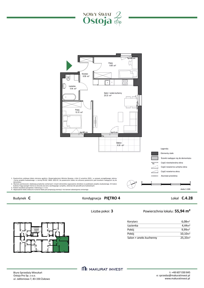 3 pokoje, mieszkanie 55,94 m², piętro 4, oferta nr C.4.28, Nowy Świat Ostoja II etap, Gdańsk, Barniewice, ul. Malinowa