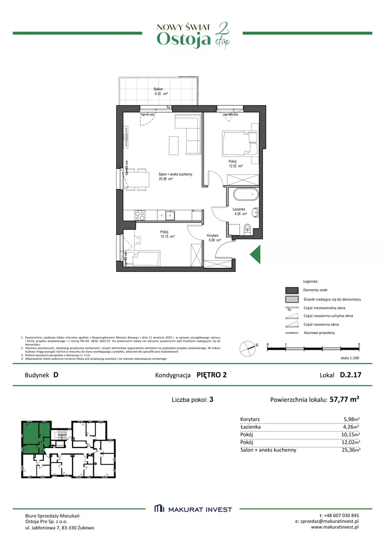 3 pokoje, mieszkanie 57,77 m², piętro 2, oferta nr D.2.17, Nowy Świat Ostoja II etap, Gdańsk, Barniewice, ul. Malinowa
