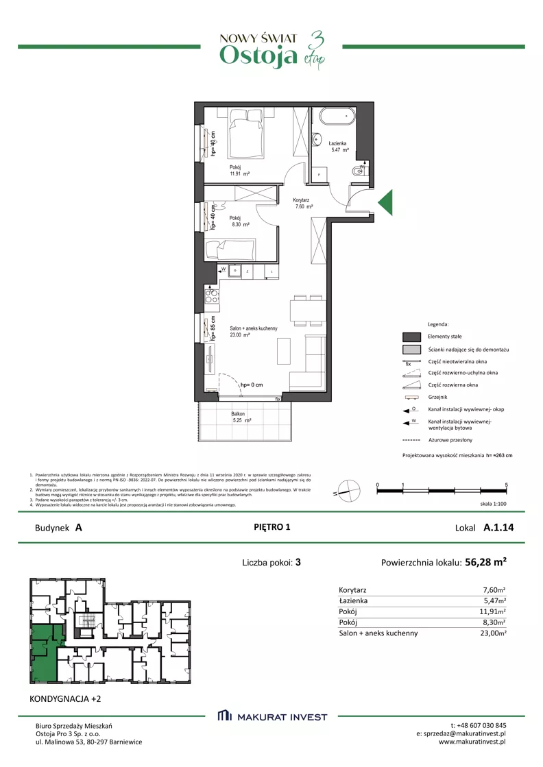 3 pokoje, mieszkanie 56,28 m², piętro 1, oferta nr A.1.14, Nowy Świat Ostoja III etap, Gdańsk, Osowa, Barniewice, ul. Malinowa