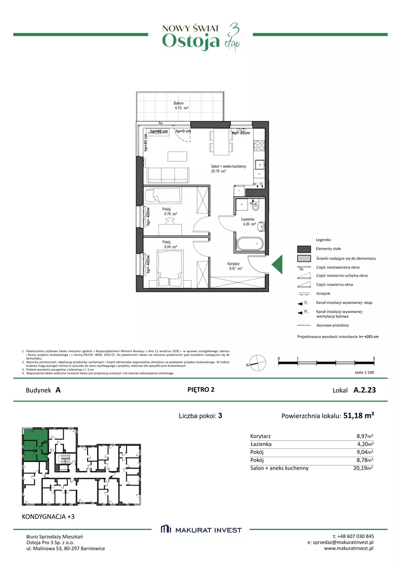 3 pokoje, mieszkanie 51,18 m², piętro 2, oferta nr A.2.23, Nowy Świat Ostoja III etap, Gdańsk, Osowa, Barniewice, ul. Malinowa