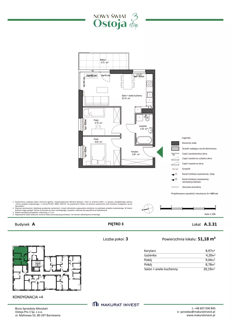 3 pokoje, mieszkanie 51,18 m², piętro 3, oferta nr A.3.31, Nowy Świat Ostoja III etap, Gdańsk, Osowa, Barniewice, ul. Malinowa