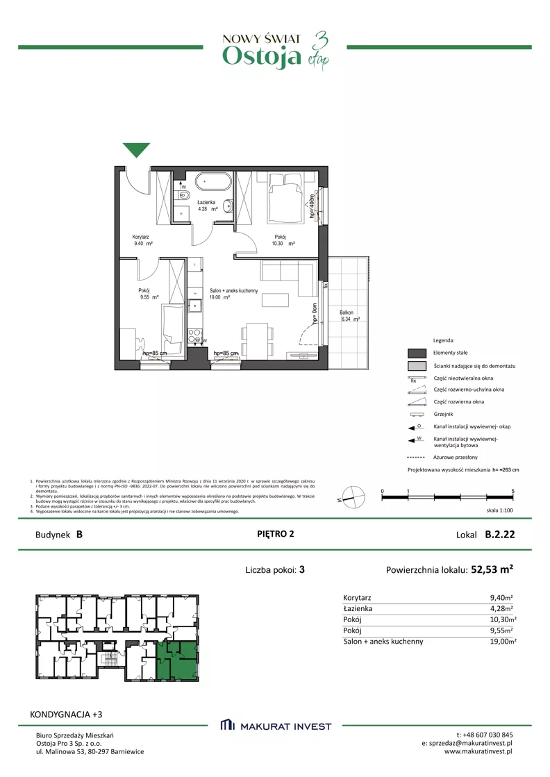 3 pokoje, mieszkanie 52,53 m², piętro 2, oferta nr B.2.22, Nowy Świat Ostoja III etap, Gdańsk, Osowa, Barniewice, ul. Malinowa