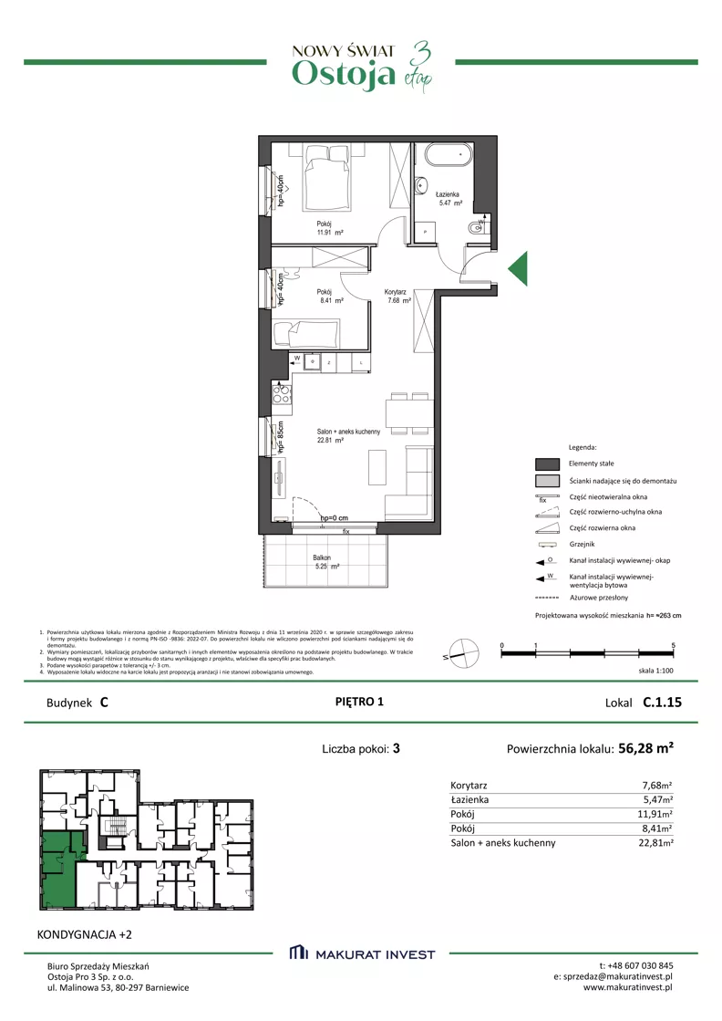 3 pokoje, mieszkanie 56,28 m², piętro 1, oferta nr C.1.15, Nowy Świat Ostoja III etap, Gdańsk, Osowa, Barniewice, ul. Malinowa