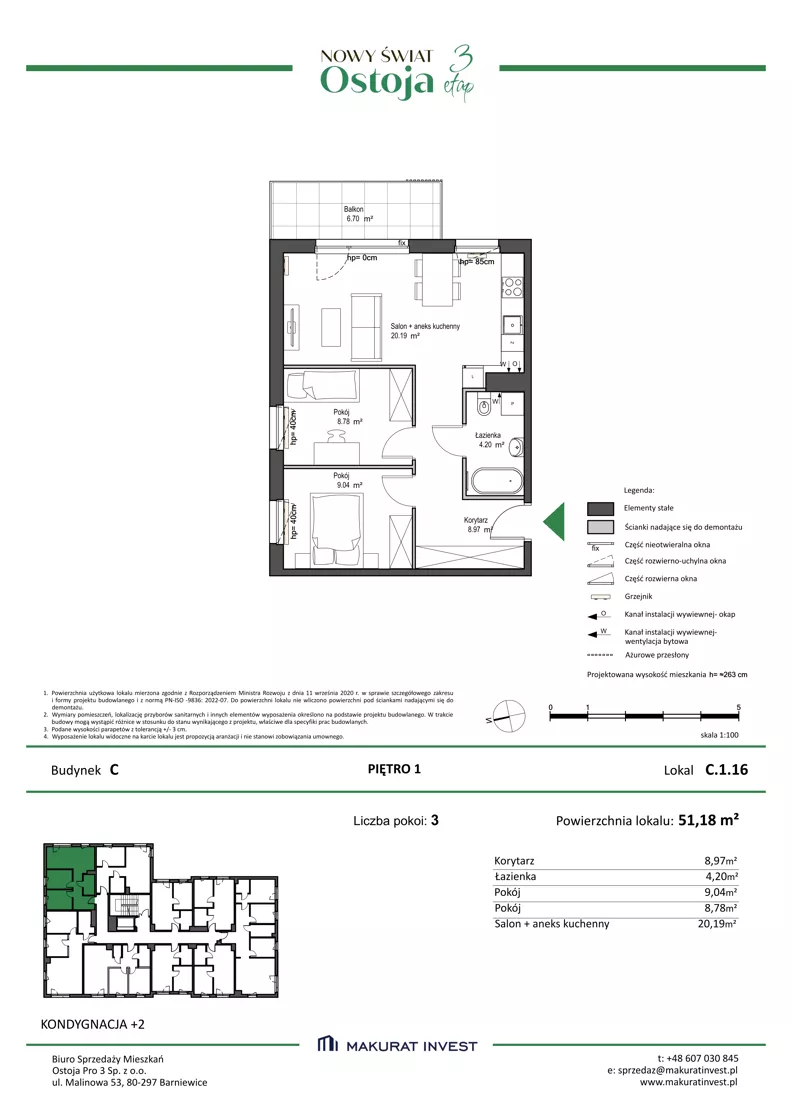 3 pokoje, mieszkanie 51,18 m², piętro 1, oferta nr C.1.16, Nowy Świat Ostoja III etap, Gdańsk, Osowa, Barniewice, ul. Malinowa