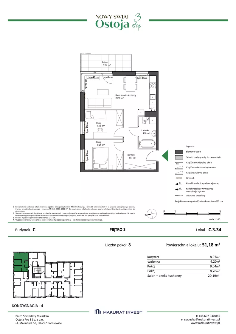 3 pokoje, mieszkanie 51,18 m², piętro 3, oferta nr C.3.34, Nowy Świat Ostoja III etap, Gdańsk, Osowa, Barniewice, ul. Malinowa