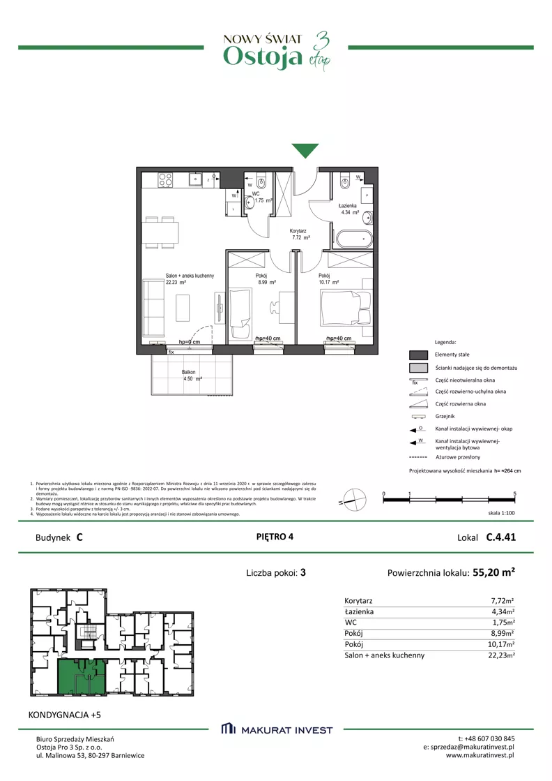 3 pokoje, mieszkanie 55,20 m², piętro 4, oferta nr C.4.41, Nowy Świat Ostoja III etap, Gdańsk, Osowa, Barniewice, ul. Malinowa
