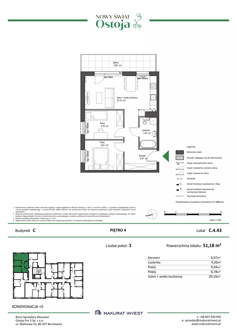 3 pokoje, mieszkanie 51,18 m², piętro 4, oferta nr C.4.43, Nowy Świat Ostoja III etap, Gdańsk, Osowa, Barniewice, ul. Malinowa