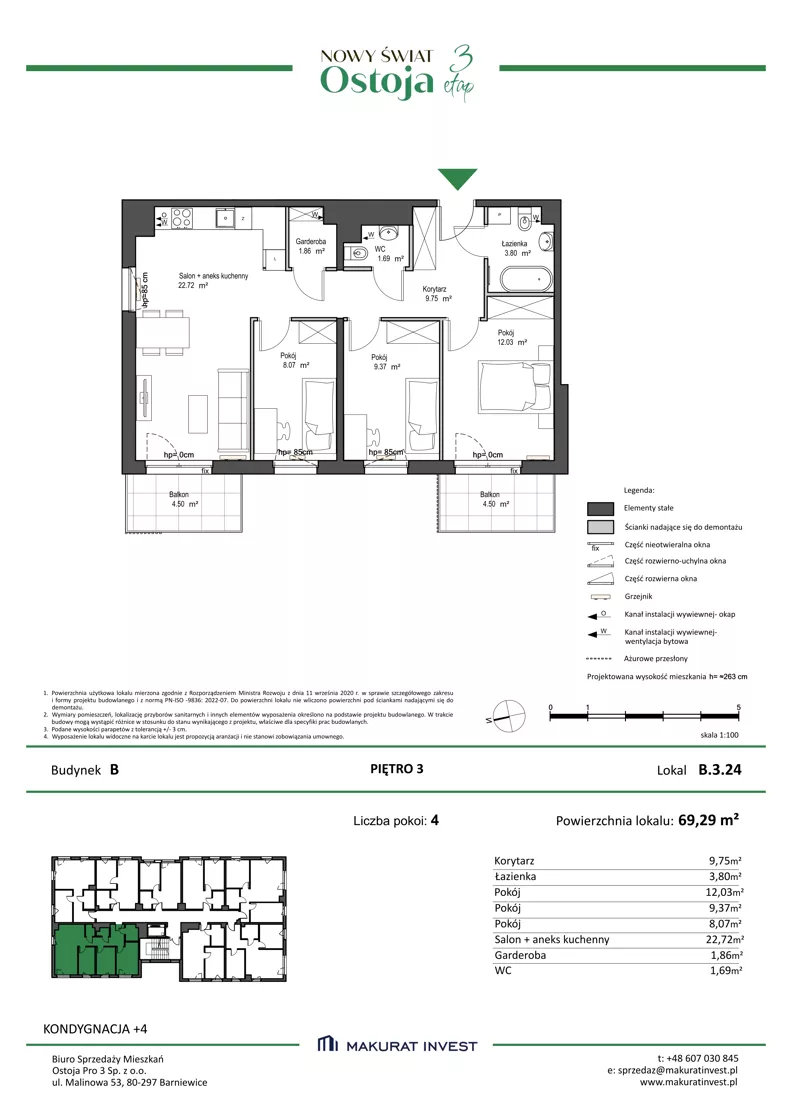 4 pokoje, mieszkanie 69,29 m², piętro 3, oferta nr B.3.24, Nowy Świat Ostoja III etap, Gdańsk, Osowa, Barniewice, ul. Malinowa