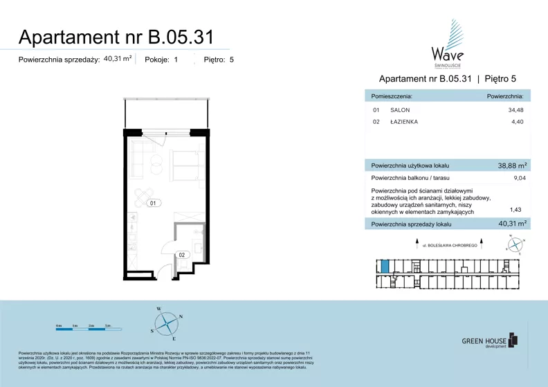 1 pokój, apartament 40,31 m², piętro 5, oferta nr B.05.31, Wave Świnoujście Thermal & Spa, Świnoujście, Dzielnica Nadmorska, ul. Bolesława Chrobrego 35