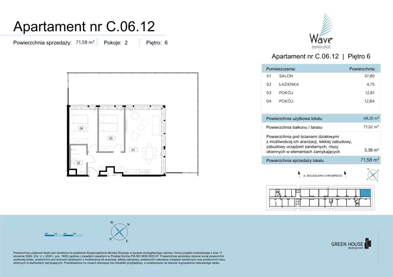 3 pokoje, apartament 68,20 m², piętro 6, oferta nr C.06.12, Wave Świnoujście Thermal & Spa, Świnoujście, Dzielnica Nadmorska, ul. Bolesława Chrobrego 35