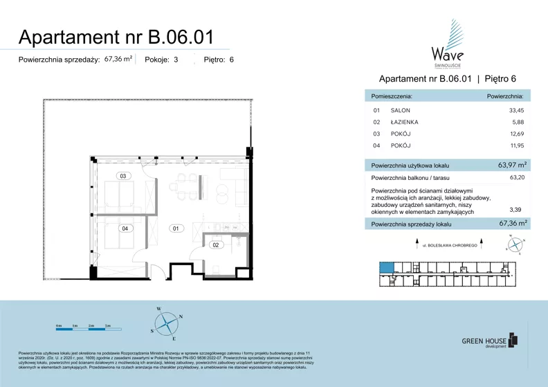 3 pokoje, apartament 67,36 m², piętro 6, oferta nr B.06.01, Wave Świnoujście Thermal & Spa, Świnoujście, Dzielnica Nadmorska, ul. Bolesława Chrobrego 35