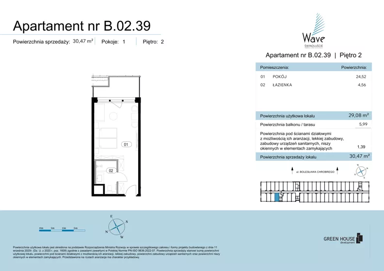 1 pokój, apartament 30,47 m², piętro 2, oferta nr B.02.39, Wave Świnoujście Thermal & Spa, Świnoujście, Dzielnica Nadmorska, ul. Bolesława Chrobrego 35