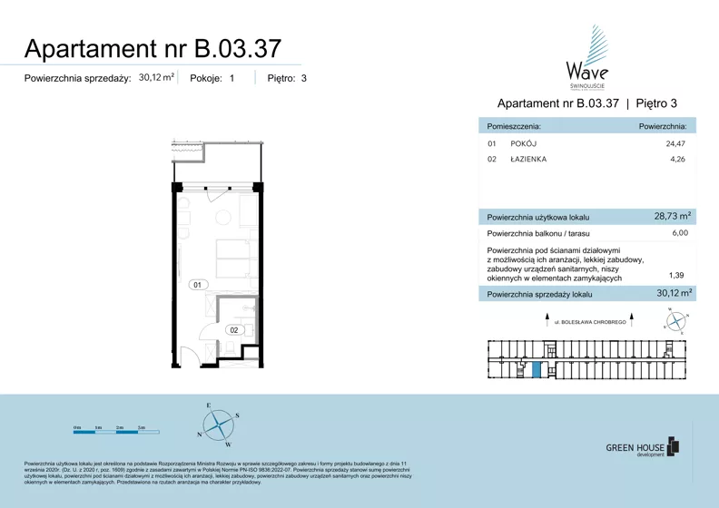 1 pokój, apartament 30,12 m², piętro 3, oferta nr B.03.37, Wave Świnoujście Thermal & Spa, Świnoujście, Dzielnica Nadmorska, ul. Bolesława Chrobrego 35