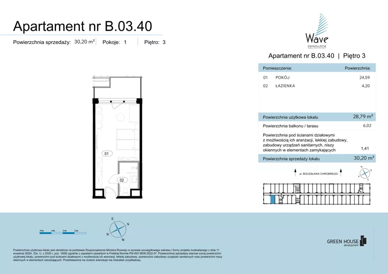 1 pokój, apartament 30,20 m², piętro 3, oferta nr B.03.40, Wave Świnoujście Thermal & Spa, Świnoujście, Dzielnica Nadmorska, ul. Bolesława Chrobrego 35