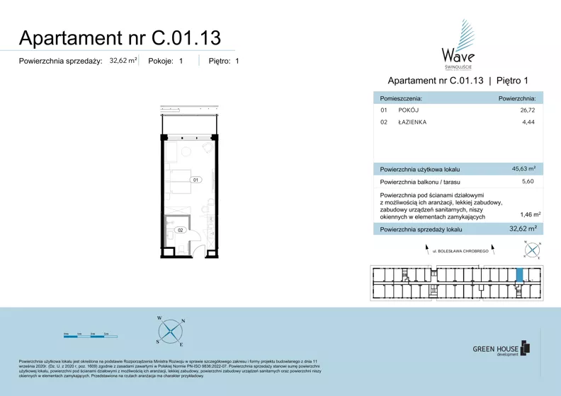 1 pokój, apartament 31,16 m², piętro 1, oferta nr C.01.13, Wave Świnoujście Thermal & Spa, Świnoujście, Dzielnica Nadmorska, ul. Bolesława Chrobrego 35