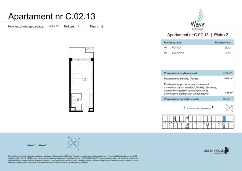 1 pokój, apartament 31,16 m², piętro 2, oferta nr C.02.13, Wave Świnoujście Thermal & Spa, Świnoujście, Dzielnica Nadmorska, ul. Bolesława Chrobrego 35