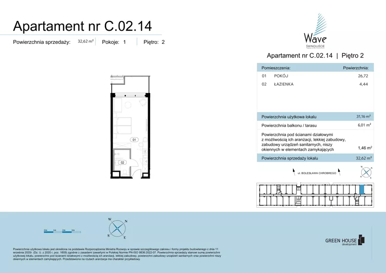 1 pokój, apartament 31,16 m², piętro 2, oferta nr C.02.14, Wave Świnoujście Thermal & Spa, Świnoujście, Dzielnica Nadmorska, ul. Bolesława Chrobrego 35