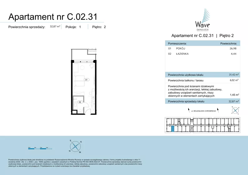 1 pokój, apartament 31,42 m², piętro 2, oferta nr C.02.31, Wave Świnoujście Thermal & Spa, Świnoujście, Dzielnica Nadmorska, ul. Bolesława Chrobrego 35