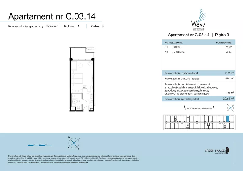 1 pokój, apartament 31,16 m², piętro 3, oferta nr C.03.14, Wave Świnoujście Thermal & Spa, Świnoujście, Dzielnica Nadmorska, ul. Bolesława Chrobrego 35