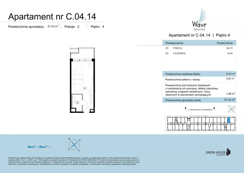 1 pokój, apartament 31,16 m², piętro 4, oferta nr C.04.14, Wave Świnoujście Thermal & Spa, Świnoujście, Dzielnica Nadmorska, ul. Bolesława Chrobrego 35