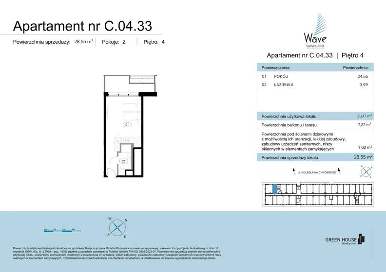 1 pokój, apartament 28,55 m², piętro 4, oferta nr C.04.33, Wave Świnoujście Thermal & Spa, Świnoujście, Dzielnica Nadmorska, ul. Bolesława Chrobrego 35