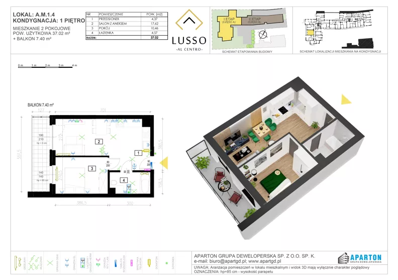 2 pokoje, mieszkanie 37,02 m², piętro 1, oferta nr A1.4, Lusso Al Centro, Gniezno, ul. Wawrzyńca 19