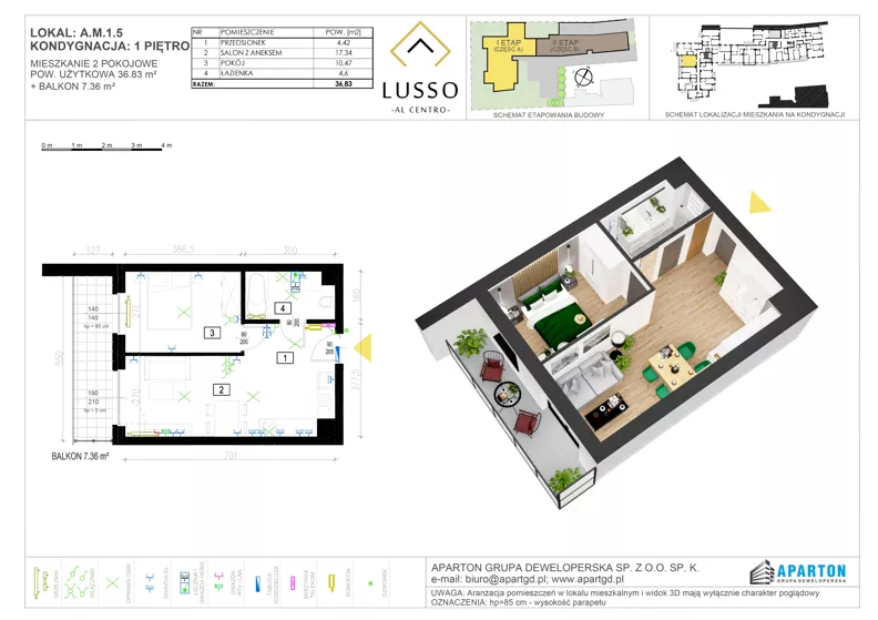 2 pokoje, mieszkanie 36,83 m², piętro 1, oferta nr A1.5, Lusso Al Centro, Gniezno, ul. Wawrzyńca 19