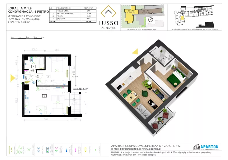 2 pokoje, mieszkanie 40,58 m², piętro 1, oferta nr A1.9, Lusso Al Centro, Gniezno, ul. Wawrzyńca 19