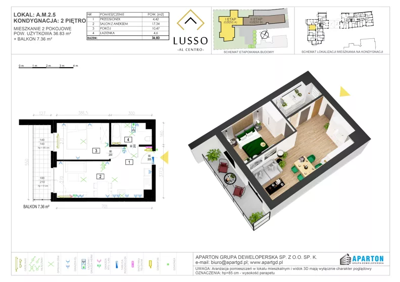 2 pokoje, mieszkanie 36,83 m², piętro 2, oferta nr A2.5, Lusso Al Centro, Gniezno, ul. Wawrzyńca 19