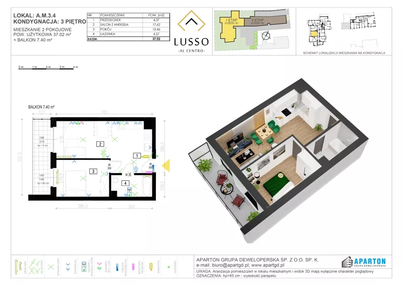2 pokoje, mieszkanie 37,02 m², piętro 3, oferta nr A3.4, Lusso Al Centro, Gniezno, ul. Wawrzyńca 19