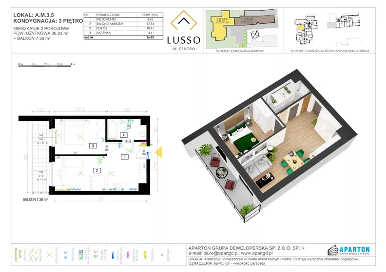 2 pokoje, mieszkanie 36,83 m², piętro 3, oferta nr A3.5, Lusso Al Centro, Gniezno, ul. Wawrzyńca 19