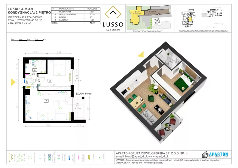 2 pokoje, mieszkanie 40,58 m², piętro 3, oferta nr A3.9, Lusso Al Centro, Gniezno, ul. Wawrzyńca 19