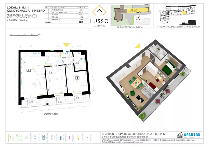 3 pokoje, mieszkanie 53,07 m², piętro 1, oferta nr B1.1, Lusso Al Centro, Gniezno, ul. Wawrzyńca 19