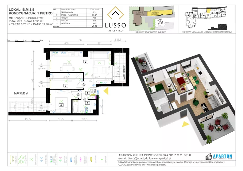 3 pokoje, mieszkanie 47,91 m², piętro 1, oferta nr B1.5, Lusso Al Centro, Gniezno, ul. Wawrzyńca 19