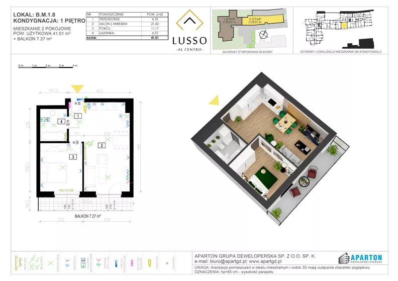 2 pokoje, mieszkanie 41,01 m², piętro 1, oferta nr B1.8, Lusso Al Centro, Gniezno, ul. Wawrzyńca 19