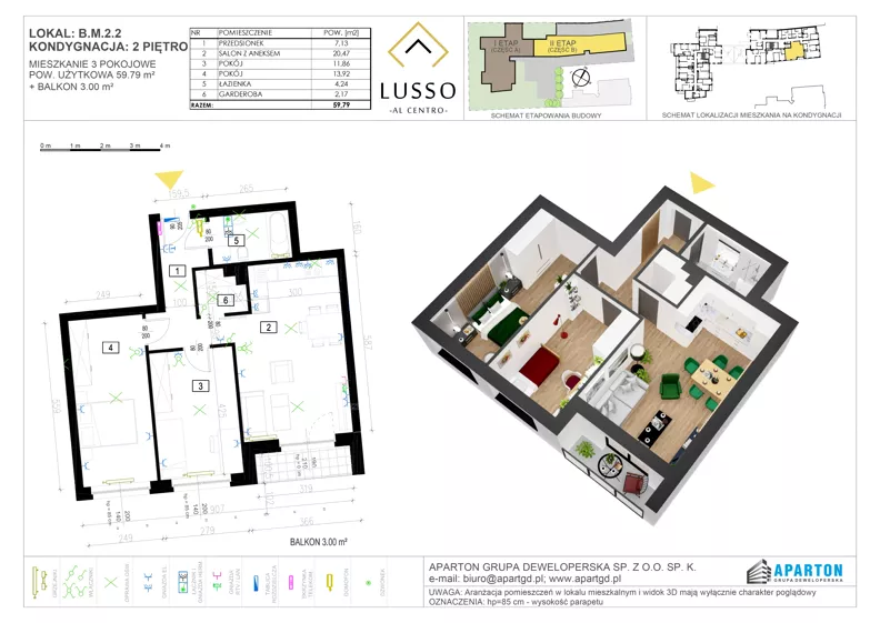 3 pokoje, mieszkanie 59,79 m², piętro 2, oferta nr B.2.2, Lusso Al Centro, Gniezno, ul. Wawrzyńca 19