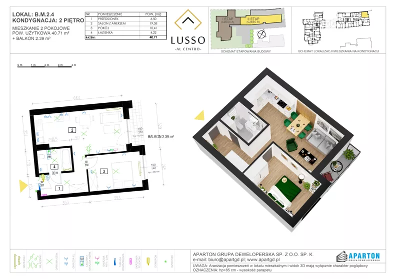 2 pokoje, mieszkanie 40,71 m², piętro 2, oferta nr B.2.4, Lusso Al Centro, Gniezno, ul. Wawrzyńca 19