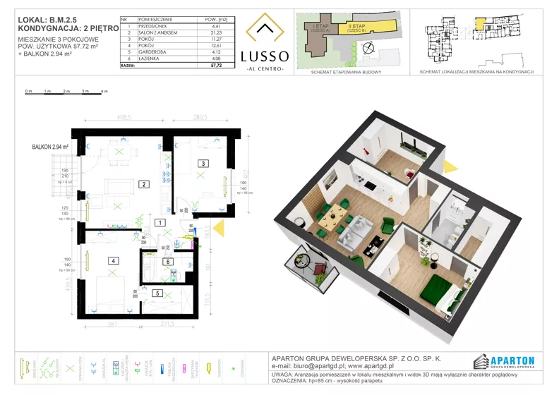 3 pokoje, mieszkanie 57,72 m², piętro 2, oferta nr B.2.5, Lusso Al Centro, Gniezno, ul. Wawrzyńca 19