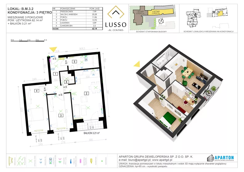 3 pokoje, mieszkanie 62,14 m², piętro 3, oferta nr B3.2, Lusso Al Centro, Gniezno, ul. Wawrzyńca 19