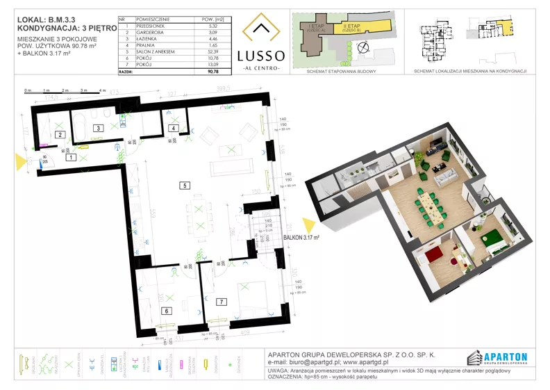 3 pokoje, mieszkanie 90,78 m², piętro 3, oferta nr B3.3, Lusso Al Centro, Gniezno, ul. Wawrzyńca 19