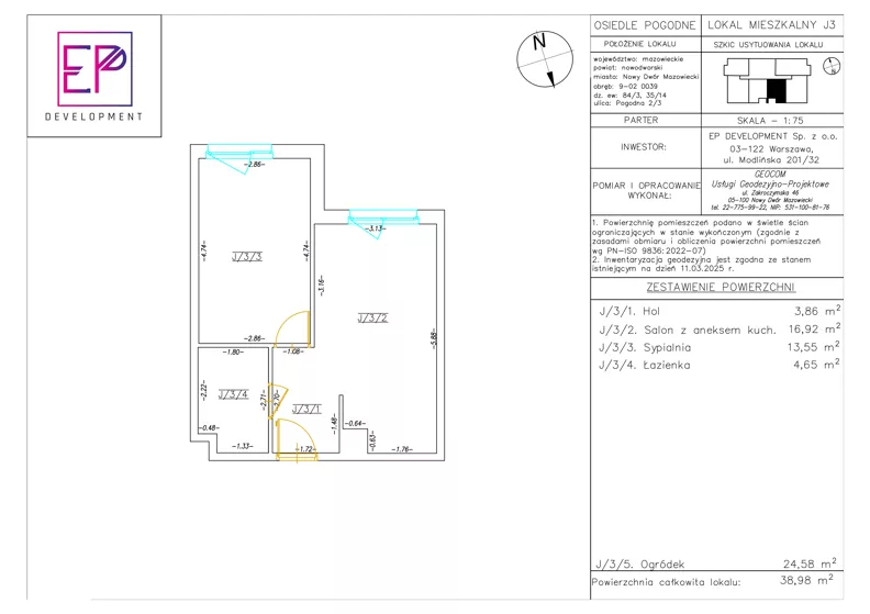 2 pokoje, mieszkanie 38,98 m², parter, oferta nr J03, Osiedle Pogodne, NOWY ETAP bud. I, J, Nowy Dwór Mazowiecki, Nowodworzanka, ul. Pogodna / Leśna / Dębowa