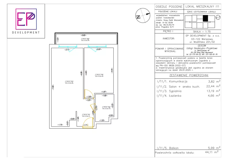 2 pokoje, mieszkanie 44,11 m², piętro 1, oferta nr i11, Osiedle Pogodne, NOWY ETAP bud. I, J, Nowy Dwór Mazowiecki, Nowodworzanka, ul. Pogodna / Leśna / Dębowa