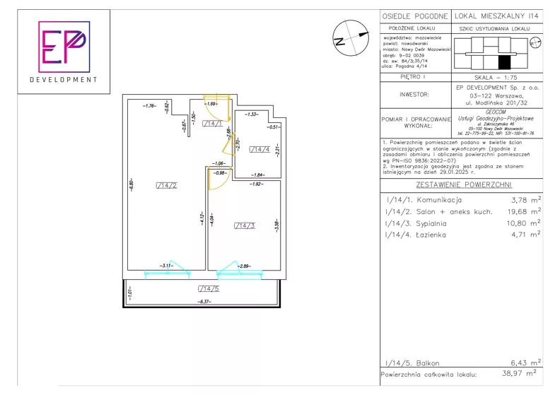 2 pokoje, mieszkanie 38,97 m², piętro 1, oferta nr i14, Osiedle Pogodne, NOWY ETAP bud. I, J, Nowy Dwór Mazowiecki, Nowodworzanka, ul. Pogodna / Leśna / Dębowa