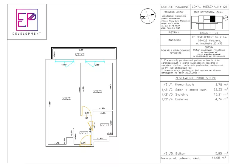 2 pokoje, mieszkanie 44,05 m², piętro 2, oferta nr i21, Osiedle Pogodne, NOWY ETAP bud. I, J, Nowy Dwór Mazowiecki, Nowodworzanka, ul. Pogodna / Leśna / Dębowa